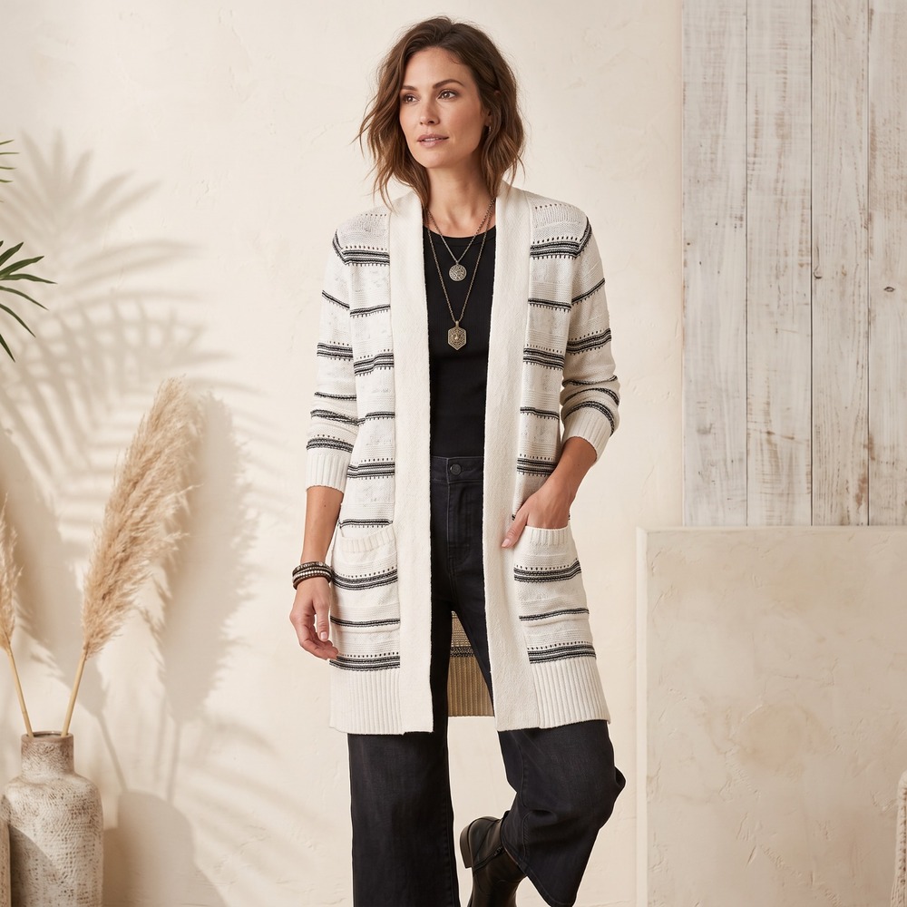 NWT Maurices Striped Longline Cardigan Knit Duster Cream Black Coastal Boho 1X